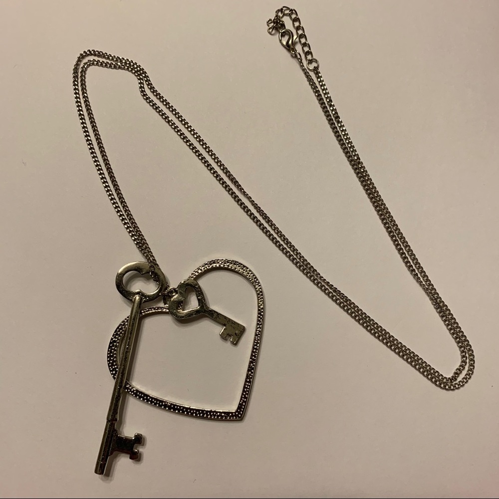 Long Silver Heart & Key Necklace